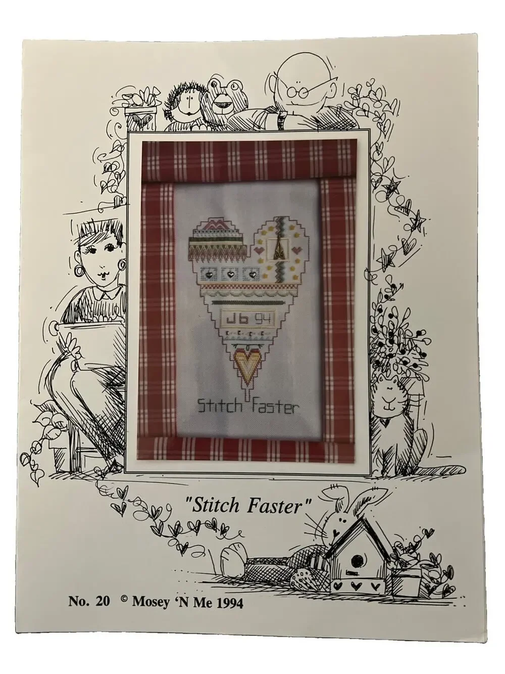 Vintage 1994 Mosey 'N Me Cross STITCH FASTER Folk Heart Chart Pattern